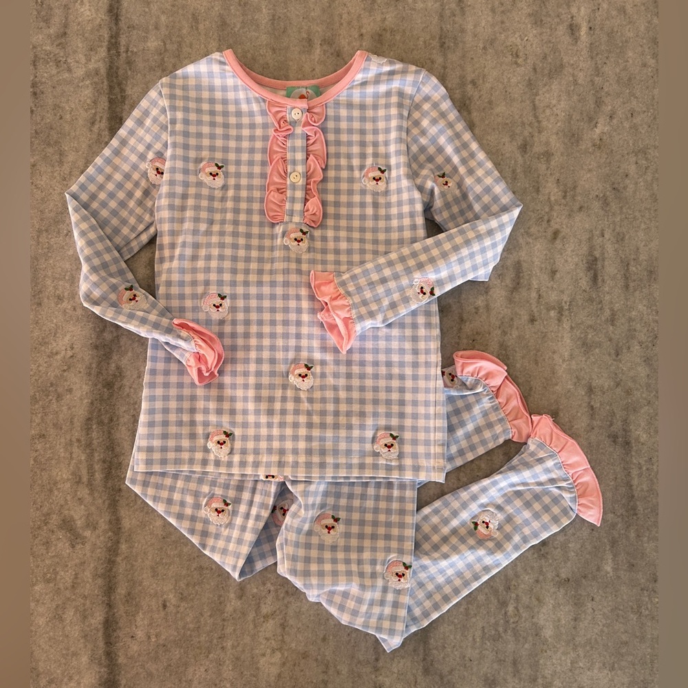 Smocked Flamingo Pink & Blue Gingham Ruffle Santa Pajama Set Size 6